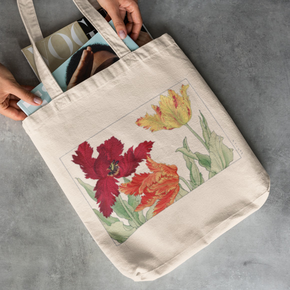 Japanese Parrot Tulip Woodblock Art Tote - Picture 2 of 5